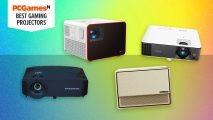 Four of the best gaming projectors on a bright gradient background