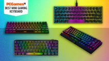 Four of the best mini gaming keyboards on a bright gradient background