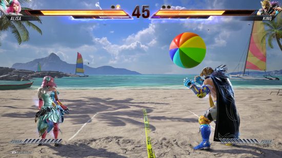 best multiplayer games: a woman with pink hair in a blue dress stands on the beach as she waits for a man wearing a lion mask to pass her a beach ball