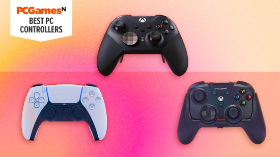 Three of the best PC controllers on a pink gradient background