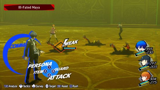 Best PC games: the protagonist, Yukari, and Junpei from Persona 3 Reload are fighting against three shadows with golden masks.