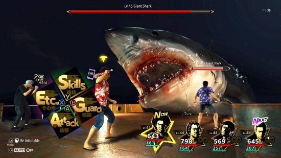 Best RPG games: four humans are fighting a giant shark near the ocean in Like A Dragon: Infinite Wealth.
