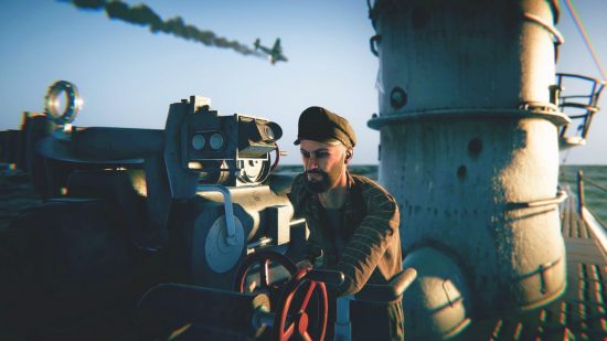 Best submarine games: a soldier on the deck of a submarine, operating a large gun.
