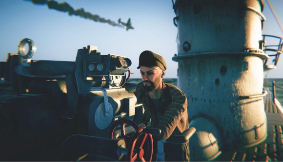 Best submarine games: a soldier on the deck of a submarine, operating a large gun.