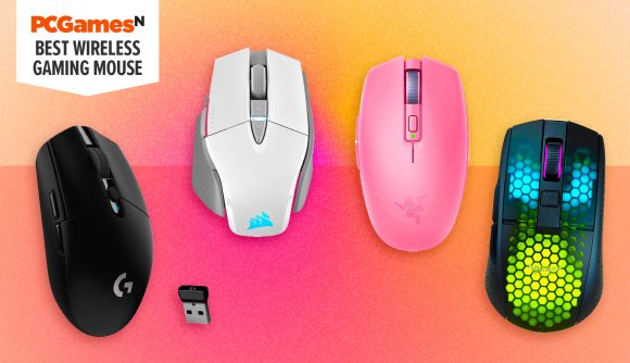 Four wireless gaming mouse on a pink gradient background