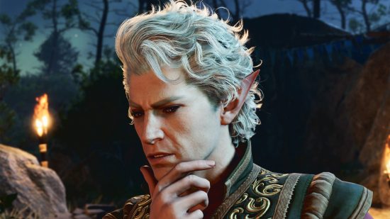 Astarion, a white-haired vampire elf, deep in thought with his hand on his chin.