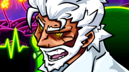 BioGun Clinical Trial is a free Steam demo for the upcoming Metroidvania - A white-haired scientist with a beard and piercing yellow eyes shouts.