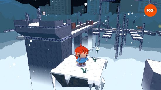 Celeste 64 kostenloses Spiel: ein kleines rothaariges Mädchen in einem blauen Mantel auf einer schwimmenden Plattform