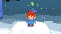 Celeste 64 free game: a young chibi girl with red hair and a blue coat