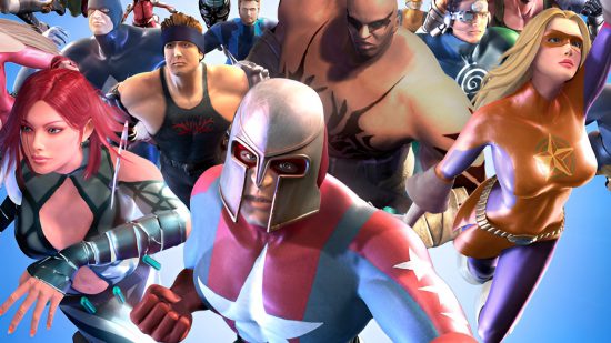 A throng of superheroes rush forward, lead by a helmt-earing man in a red and blue costume.