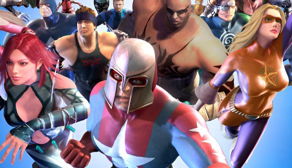 A throng of superheroes rush forward, lead by a helmt-earing man in a red and blue costume.