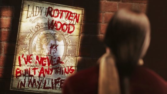 Clockwork Revolution Game PAss: a person looks on at a poster, defaced with graffiti.