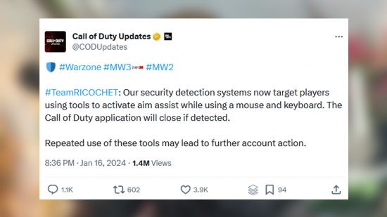 A tweet warning players not use aim assist with a mouse and keyboard. 