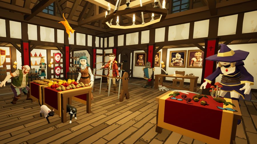 A variety of customers picking through a medieval-style shop.