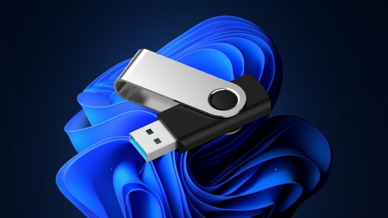 A USB flash drive on a Windows 11 background ready to create a bootable usb