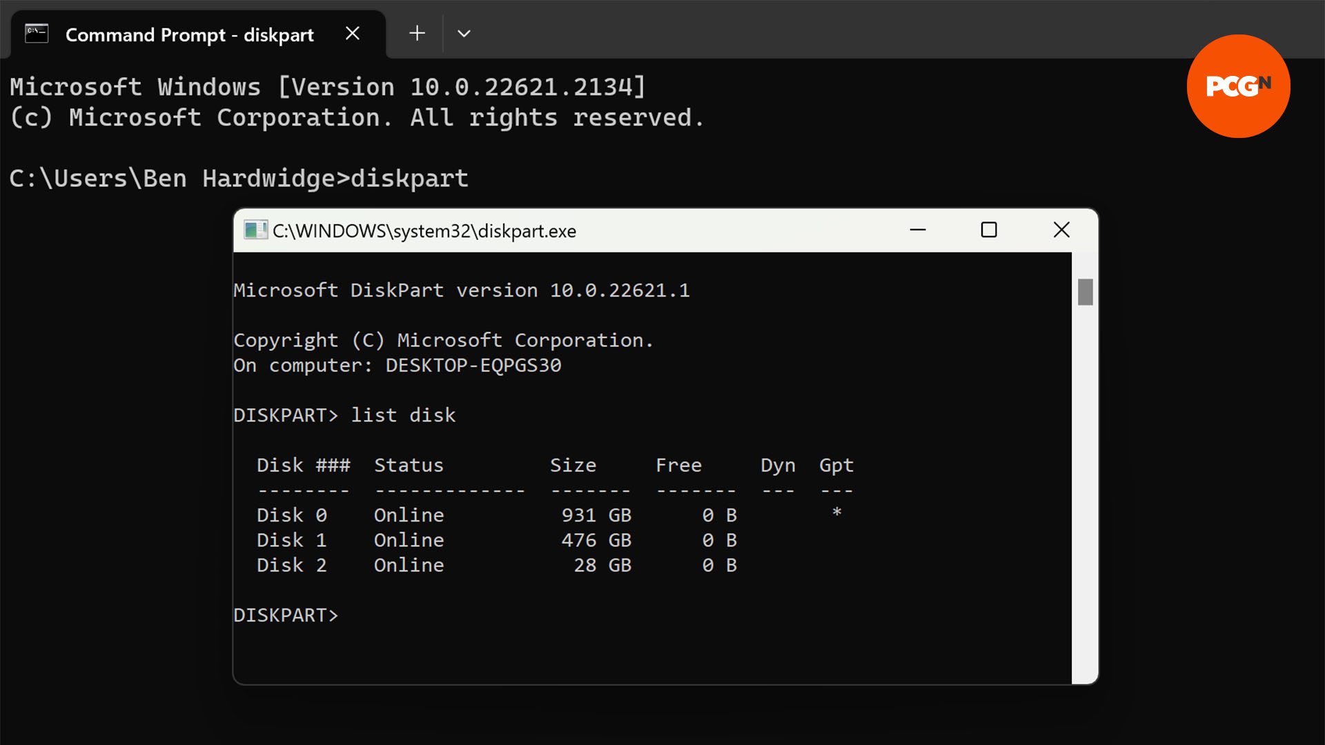 The diskpart window displaying the available disks in command prompt