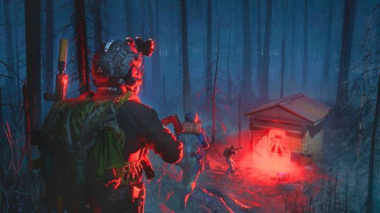 Cyberpunk 2077 Bioshock devs new FPS game: special forces soldiers in the woods walking towards a shed with red light coming from it