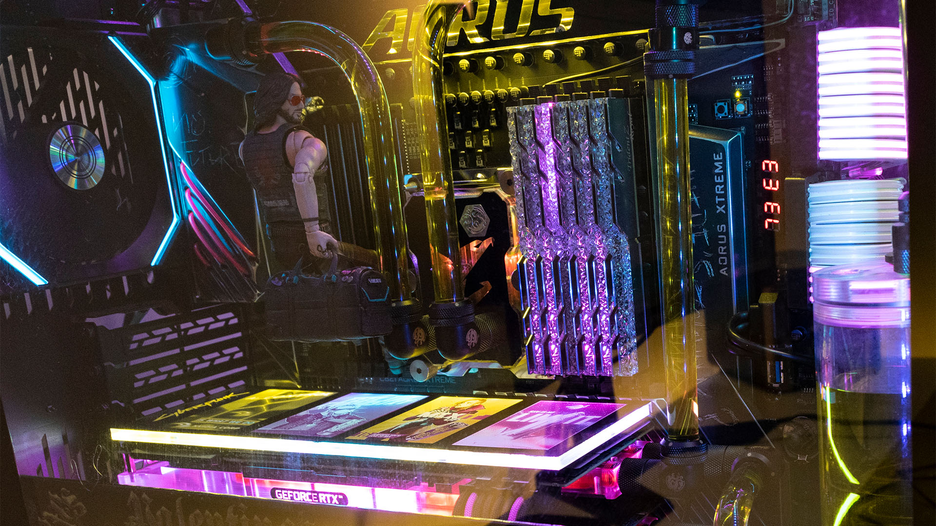 Inside a Cyberpunk 2077 PC build which features a Silverhand model, neon RAM, and a custom GPU backplate