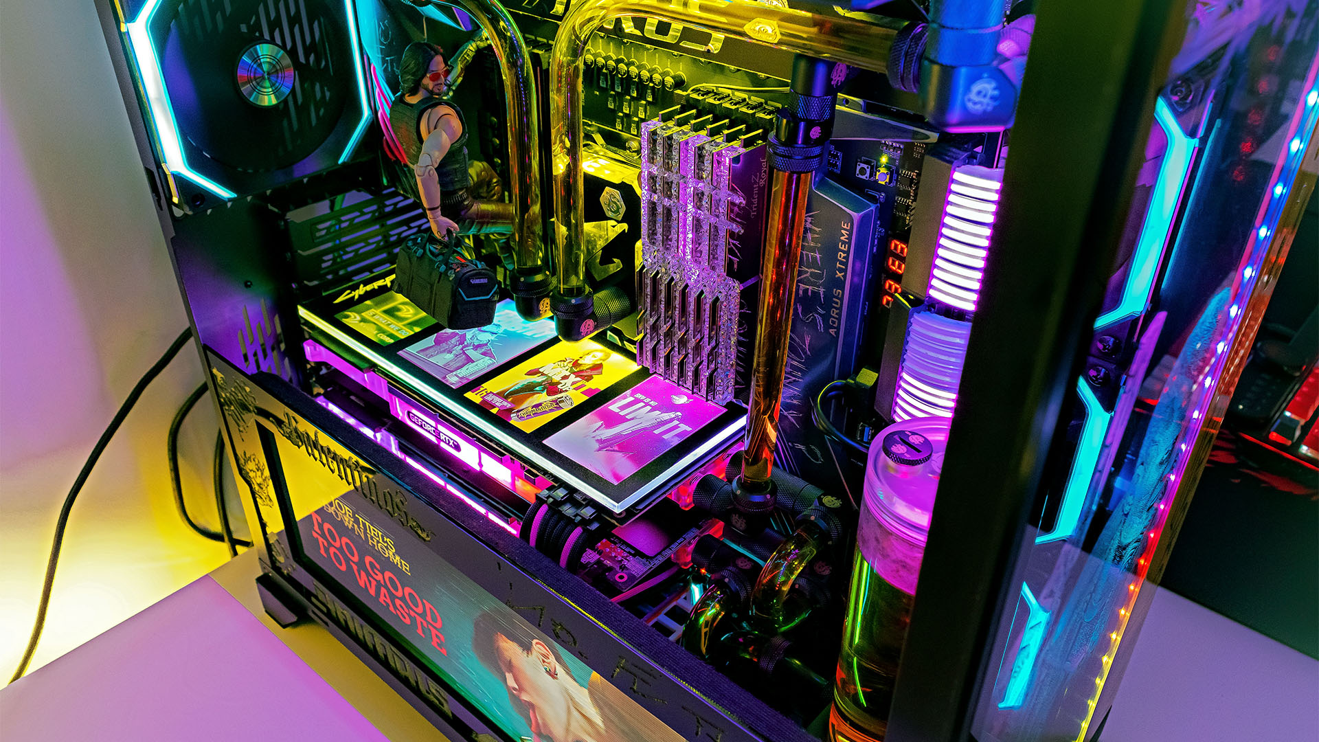 Inside a Cyberpunk 2077 custom PC build which has a bespoke GPU backplate, lots of neon lights, and an interactive PSU shroud