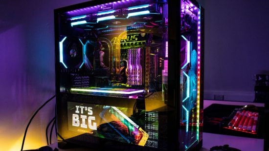 A Cyberpunk 2077 themed gaming PC build with neon lights and a PSU shroud screen