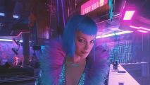 Cyberpunk 2077 Phantom Liberty CEO: a neon lit bar with a women with bright blue hair