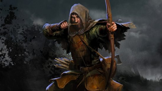A hooded man with leather armor pulls back a bowstring getting ready to fire on a dreary background