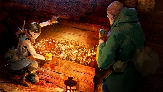 Actualización del hotfix 27 de Dark and Darker: dos aventureros miran a través de un cofre de madera lleno de baratijas relucientes.