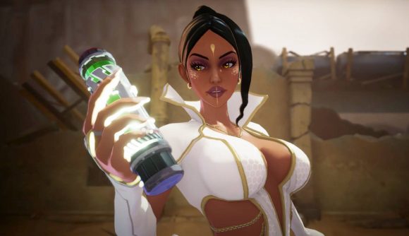 Dave the Diver devs' new game is League of Legends meets Overwatch: A South Asian woman wearing a tight white suit with golden trims and black hair tied back in a bun holds a vial with green liquid in it in a desert area