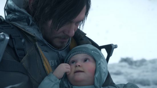 Death Stranding 2 release date: a man holding a baby.