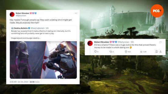 Two Twitter posts from one of Destiny 2's senior narrative designers discussing a potential dating sim