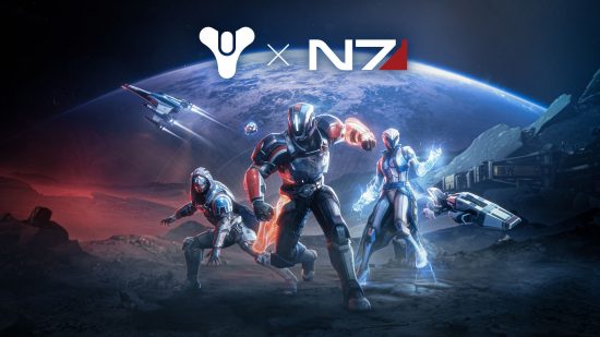A Titan Guardian, a Warlock, and a Hunter from Destiny 2, wearing N7 armor