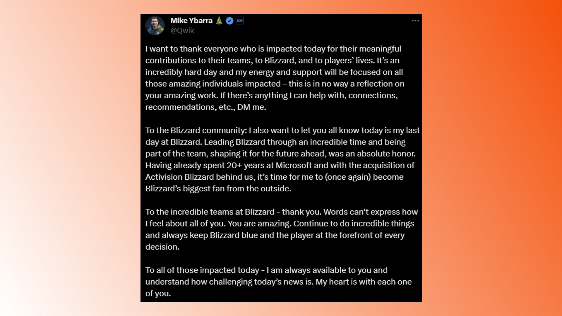 Blizzard survival game canceled: A statement from former Blizzard president Mike Ybarra