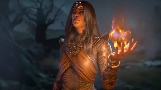 A woman with long black hair with a golden tiara stands in a dark forest wearing leather armor conjuring a fireball in her hand