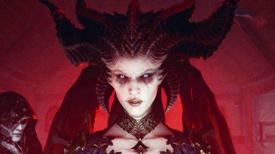 Lilith, a demoness from Diablo 4. She has large ridged horns and is framed against a red background.
