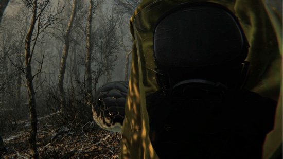 Digested Steam: a selfie image of a person in a yellow hazmat suit, with a giant snake head emerging behind them