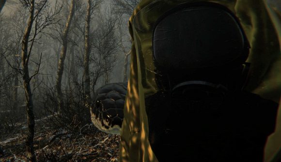 Digested Steam: a selfie image of a person in a yellow hazmat suit, with a giant snake head emerging behind them