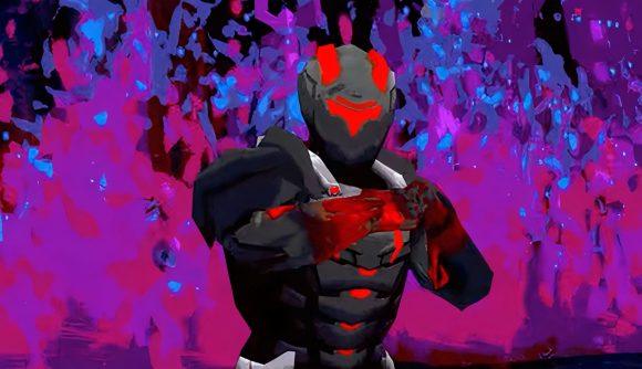 Dimensional Slaughter Steam sale update: a man in black armor with red lights on it stood in front of big purple flames