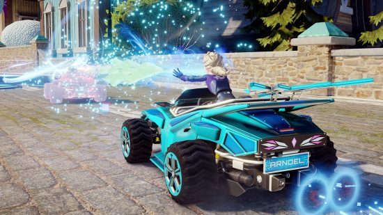 Elsa throws a powerful snow spell at another driver in Disney Speedstorm, one of the best free Steam games.