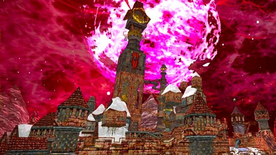 Dread Delusion - A clocktower rises from the midst of a city towards crimson skies.