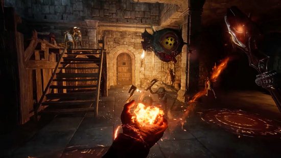 Dungeonborne - The player conjures a fire spell in their hand as various mosnters surround them in a stone room.