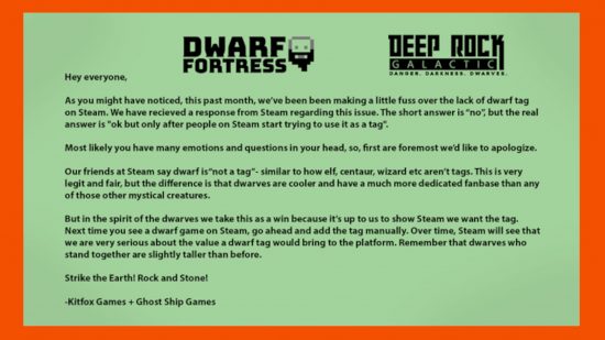 A graphic with a message from the devs at Dwarf Fortress, shared on Twitter