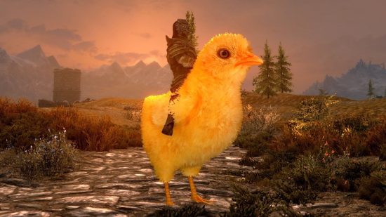 Skyrim mods: The character rides on a giant chicken