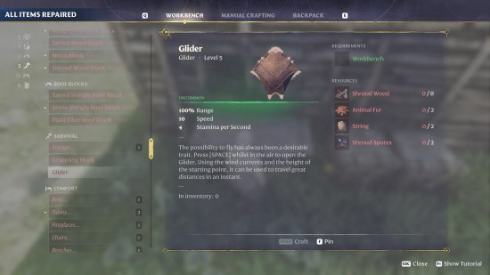 Enshrouded glider: a menu showing the ingredients needed to craft a glider.