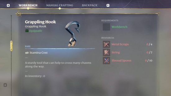 Screenshot of the inventory and crafting the grappling hook in Enshrouded