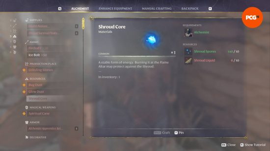 The menu when crafting Shroud Cores with the Alchemist.