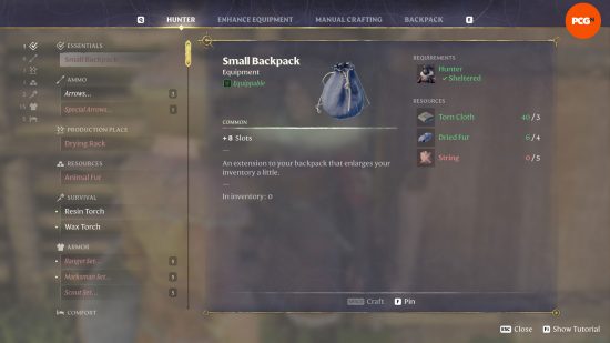 The Small Backpack craft in Enshrouded used to increase inventory size.