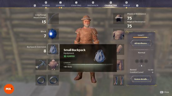 Equipping the Small Backpack to increase inventory size in Enshrouded.