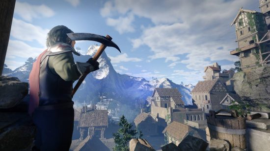 A player character stood on a ledge in Enshrouded holding a pickaxe, looking down at a city.