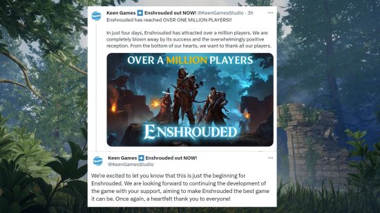 Enshrouded Steam one million players: tweets from Keen Games celebrating Enshrouded's launch