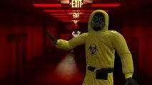 Character from Escape the Backrooms in his hazmat suit, with a spooky corridor from the game behind